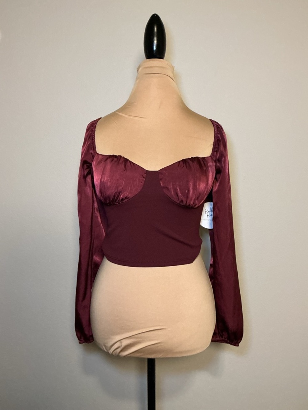 Rabbit Rose Burgundy Satin Bustier Long Sleeve Crop Top - Picture 3 of 12